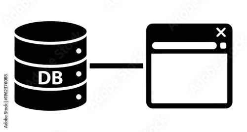 Database server connected to browser window | data management and web hosting icon | black and white vector illustration for cloud computing