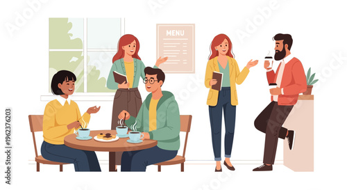 Diverse group of people socializing indoors.