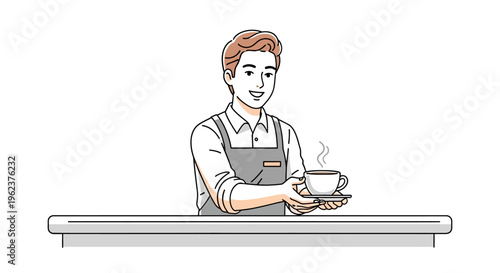 A smiling man serving a hot beverage.