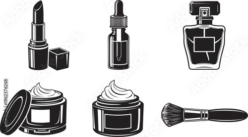 Black and white illustration of various makeup products and brush on white background, including lipstick, eyeshadow, perfume, and moisturizer for beauty and cosmetics concept