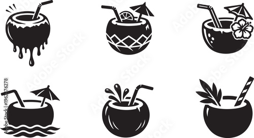 Coconut Water Drink Icon Collection Tropical Summer Refreshment