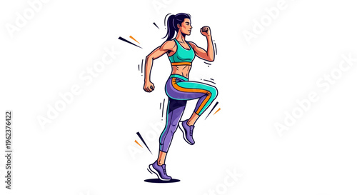 Woman in sportswear running energetically outdoors.