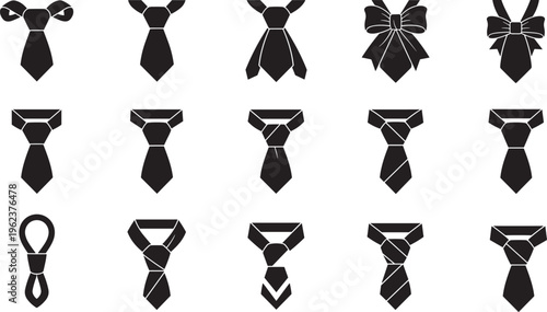 Formal necktie and bowtie collection featuring cad drawing flat vector illustration of black silhouette apparel icons for business fashion and professional clothing set.