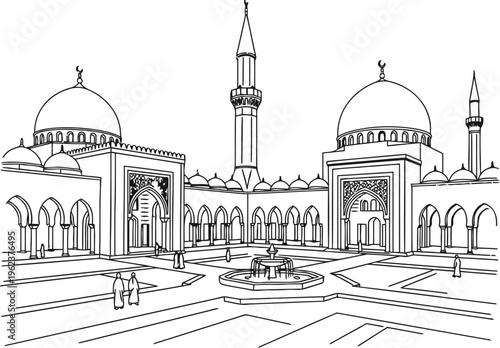 A detailed black and white line drawing of a majestic mosque with towering minarets and courtyard