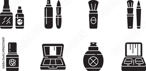 Black and white makeup cosmetics icons set including lipstick, eyeshadow, mascara, and nail polish on clean background for beauty and skincare concepts