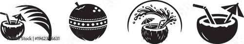 Coconut Water Drink Icon Set Summer Tropical Beverage Collection