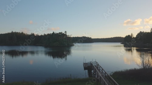 Sunset to dusk time lapse at lake with dock. 