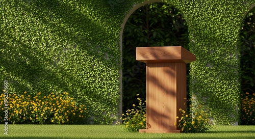 Elegant outdoor presentation stage featuring a classic wooden lectern set against a 