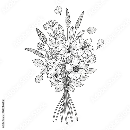 Elegant Black and White Floral Bouquet Illustration - Rose, Lily, and Wildflowers
