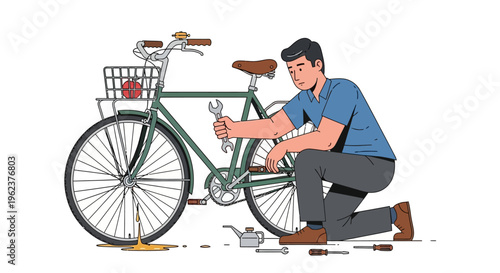 Man fixing a bicycle on the road.