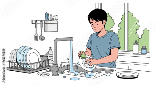 Man washing dishes in kitchen sink.