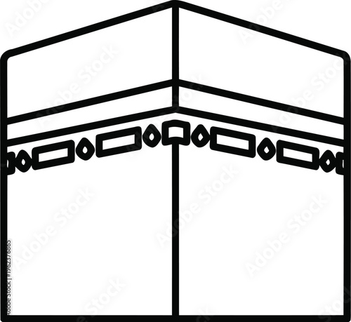 A simple black and white line art illustration of the sacred kaaba building in mecca saudi arabia