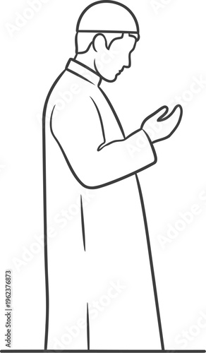 A black and white line art illustration showing a muslim man engaged in silent prayer and worship
