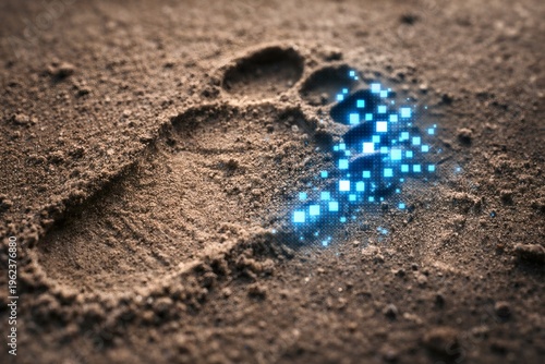 Digital footprint in sand with glowing blue data particles and pixels