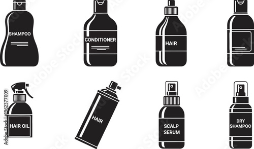 Black and white illustration of various hair care products including shampoo, conditioner, hair oil, and scalp serum on a white background