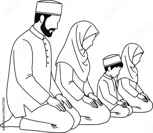 A serene line art illustration depicting a muslim family praying together in a traditional posture