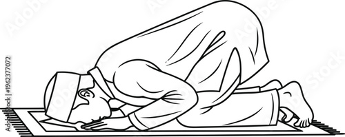 A black and white line art drawing showing a man performing sujud during his daily muslim prayer.