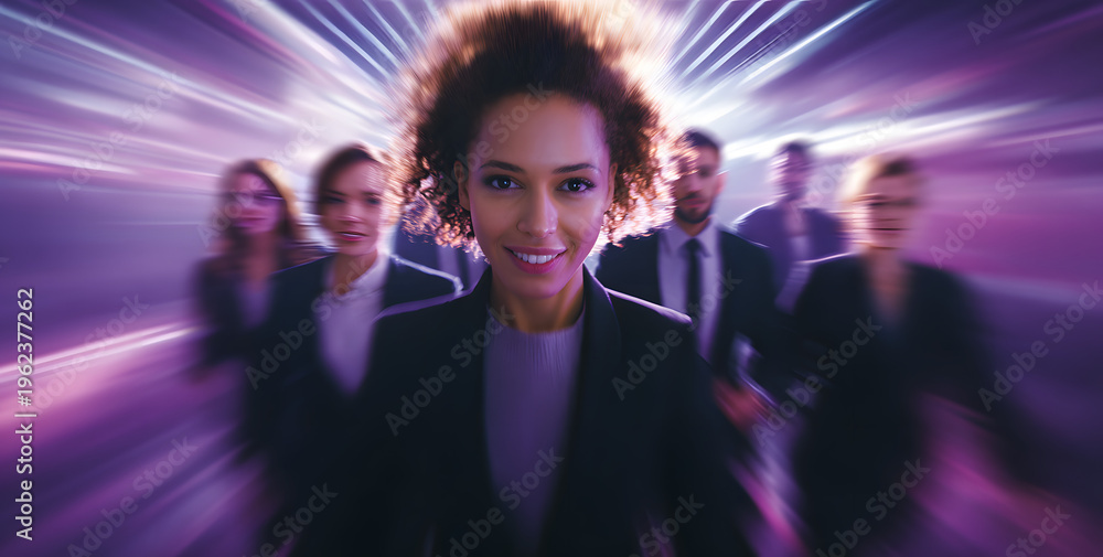 Obraz premium The scene shows a smiling female leader leading a diverse team that is streaking in violet and purple motion