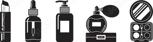 Black and white illustration of assorted beauty products for makeup and skincare routine on white background