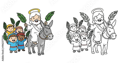 Jesus Christ Riding a Donkey with Children and Palm Branches Cartoon and Coloring Page Vector Illustration for Palm Sunday