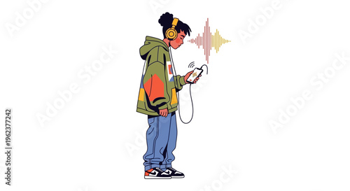 a cartoon man looking at phone.