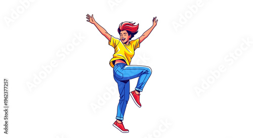 A cartoon woman jumping in the air with her arms raised.