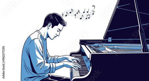 Man playing a grand piano musically.