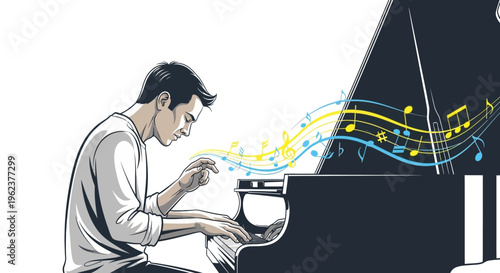 Man playing piano with musical notes.