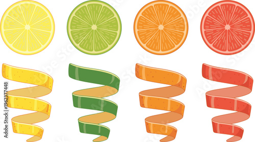 Citrus fruit slices and peel ribbons set with lemon lime orange grapefruit flat illustration collection