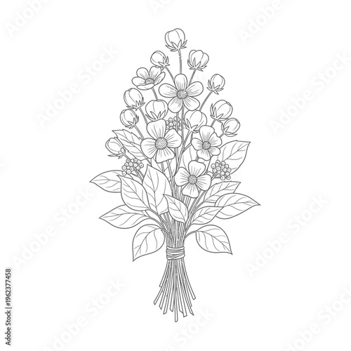 Delicate botanical illustration of a wildflower bouquet, hand-drawn line art, black and white
