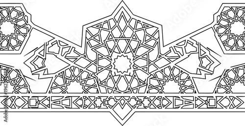 A detailed monochromatic illustration featuring intricate islamic geometric pattern border design