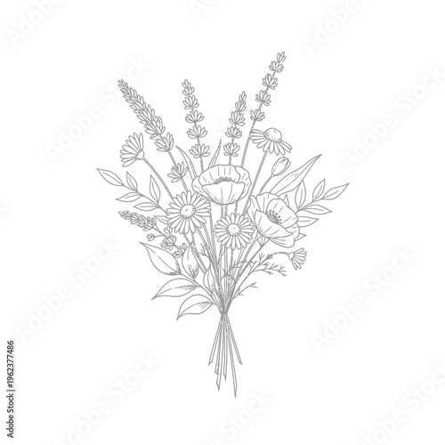 Delicate Line Art Bouquet of Wildflowers: Poppies, Lavender, Daisies