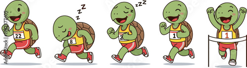 Funny turtle athlete character set featuring cad drawing flat vector illustration of happy tortoise marathon runner racing and finishing a competition graphics collection.