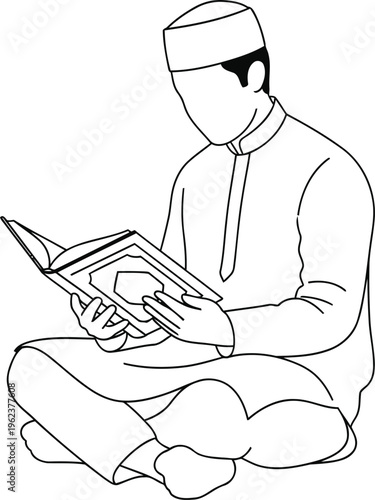 A black and white line art illustration of a muslim man sitting and reading the holy quran book