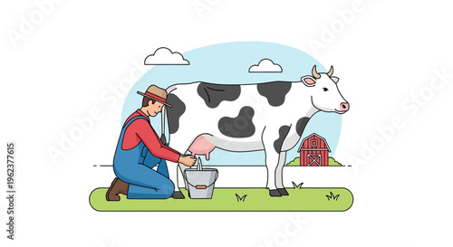 Man milking a cow on a farm.