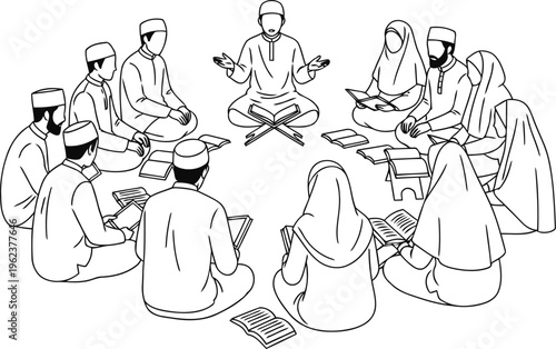 A group of muslim people sitting in a circle while reading the holy quran together in a study