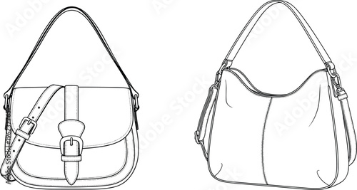 Vector line art illustration of a stylish women's shoulder bag and hobo handbag set with buckles, straps, and handles on white background.