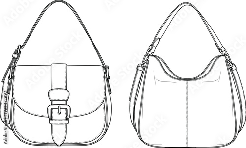 Vector fashion flat sketch set of woman leather hobo shoulder bag with buckle strap detail isolated on white background for accessories design.