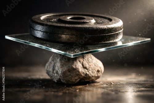 Heavy barbell weight balanced on glass plate supported by stone abstract concept