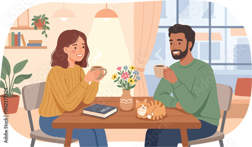 Cozy Couple Drinking Coffee at Home with Sleeping Cat Illustration.