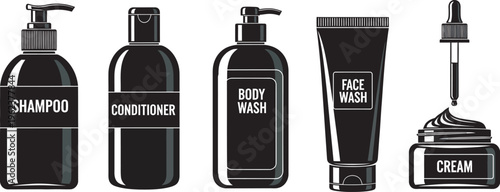 Black and white illustration of various luxury bathroom toiletries including shampoo, conditioner, body wash, face wash, and cream on a clean white background