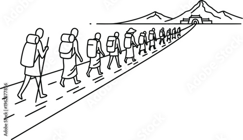 A long line of pilgrims walking on a path towards a distant temple nestled in the mountain range.