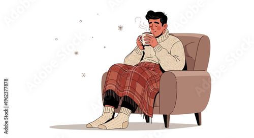 Man sitting in armchair drinking coffee.