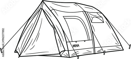 A simple black and white line drawing of a camping tent with the name mina written on the side