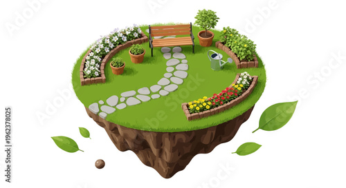 Isometric illustration of a spring garden scene with blooming flowers, stone path, pots, and bench on a floating island, surrounded by leaves and a small ball, conveying a colorful