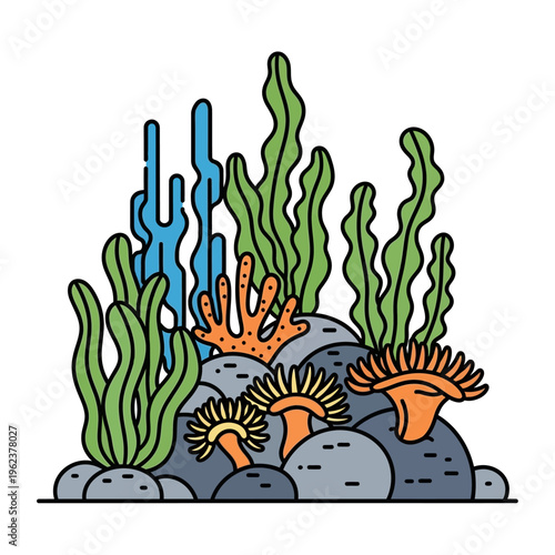 Vibrant underwater coral reef scene with diverse marine plants and anemones on rocks.