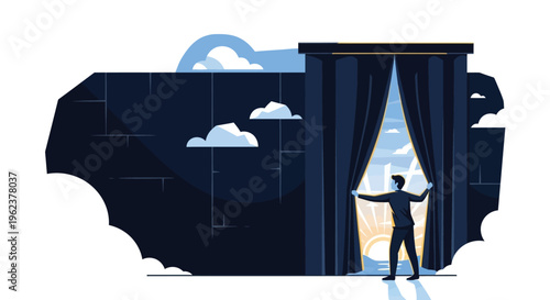 A man stands in front of a large window with open curtains revealing a bright sunny day with clouds