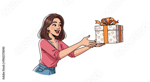 Woman presenting a gift box with a smile.