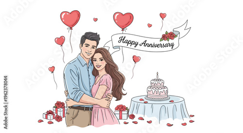 Happy anniversary couple with cake and hearts.