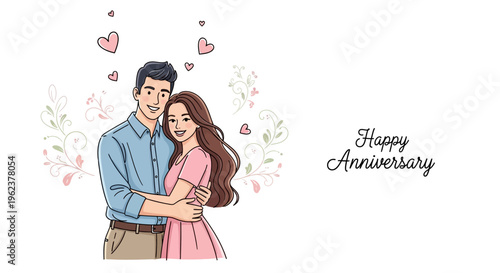 Happy anniversary couple illustration with hearts.